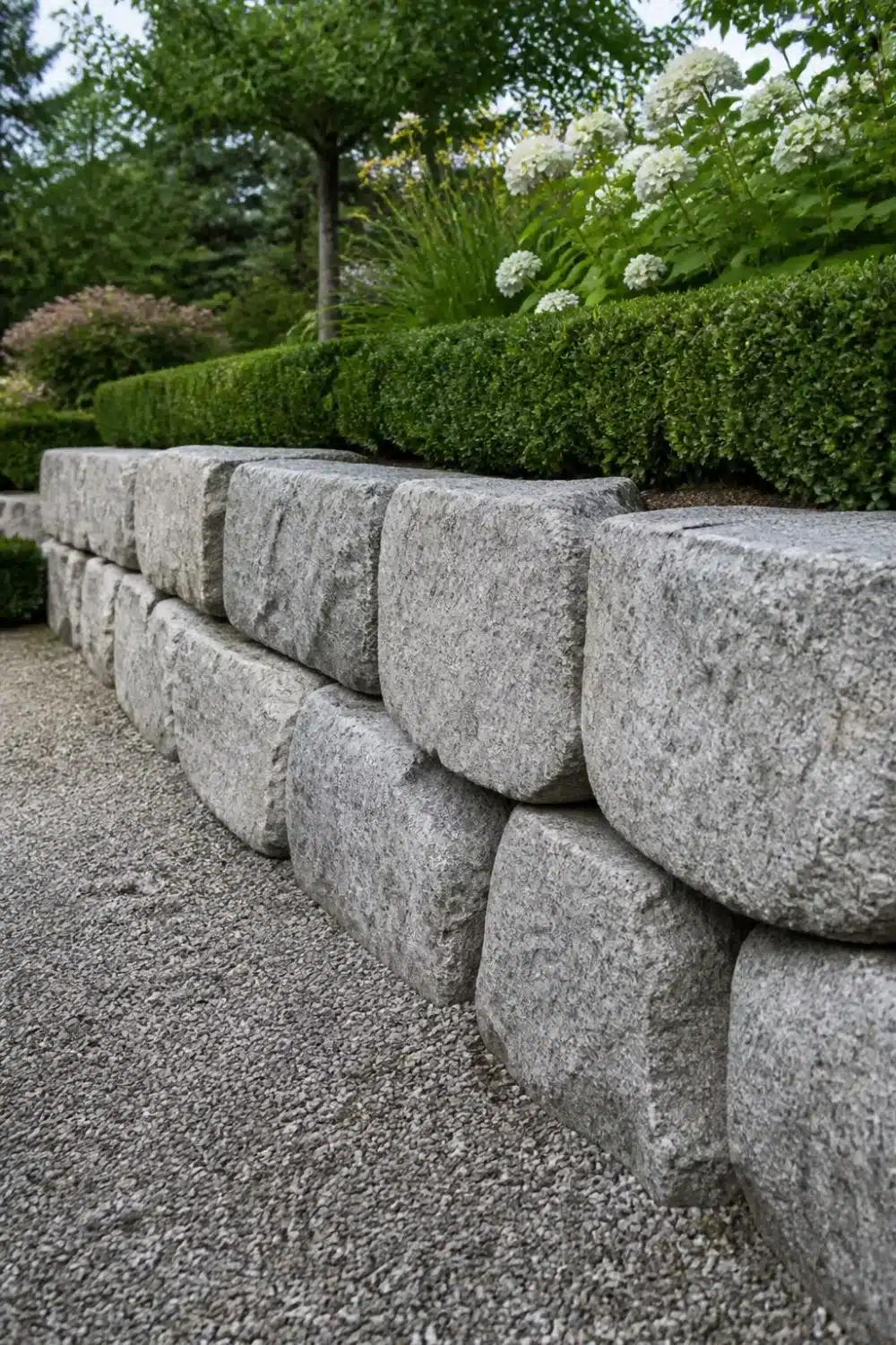 Pale granite boulder retaining wall with clipped boxwood hedge and white hydrangeas in a formal garden