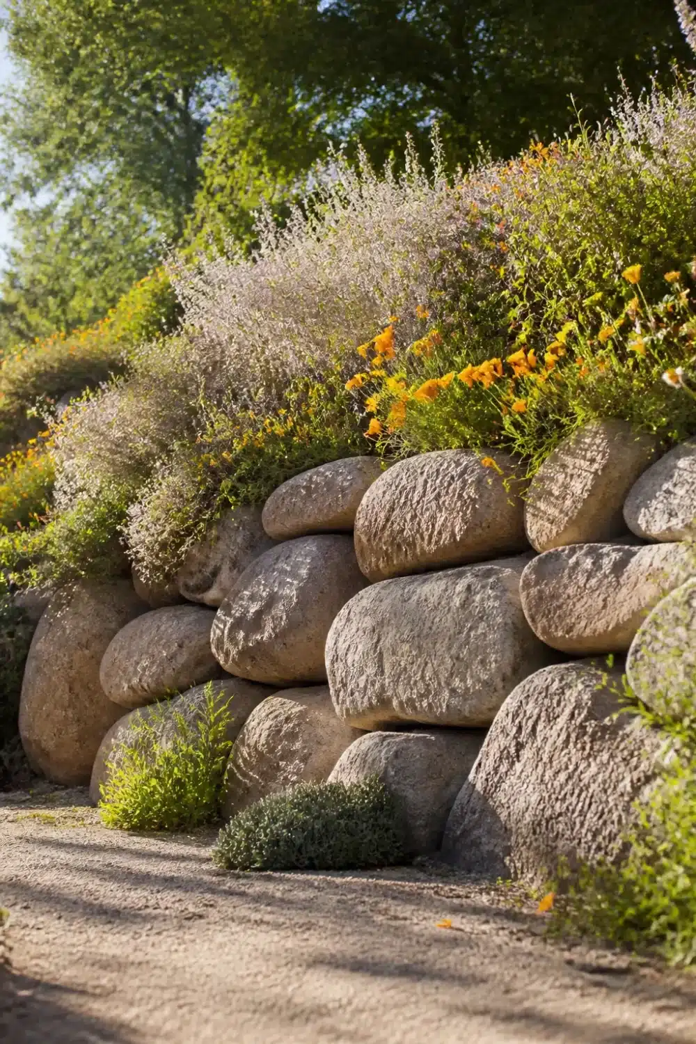 Boulder retaining wall with stacked rounded gray boulders holding back a native wildflower slope with orange blooms.