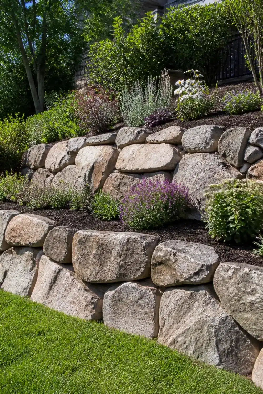 Two-tier granite boulder retaining wall with terraced herb and perennial planting on a steep hillside