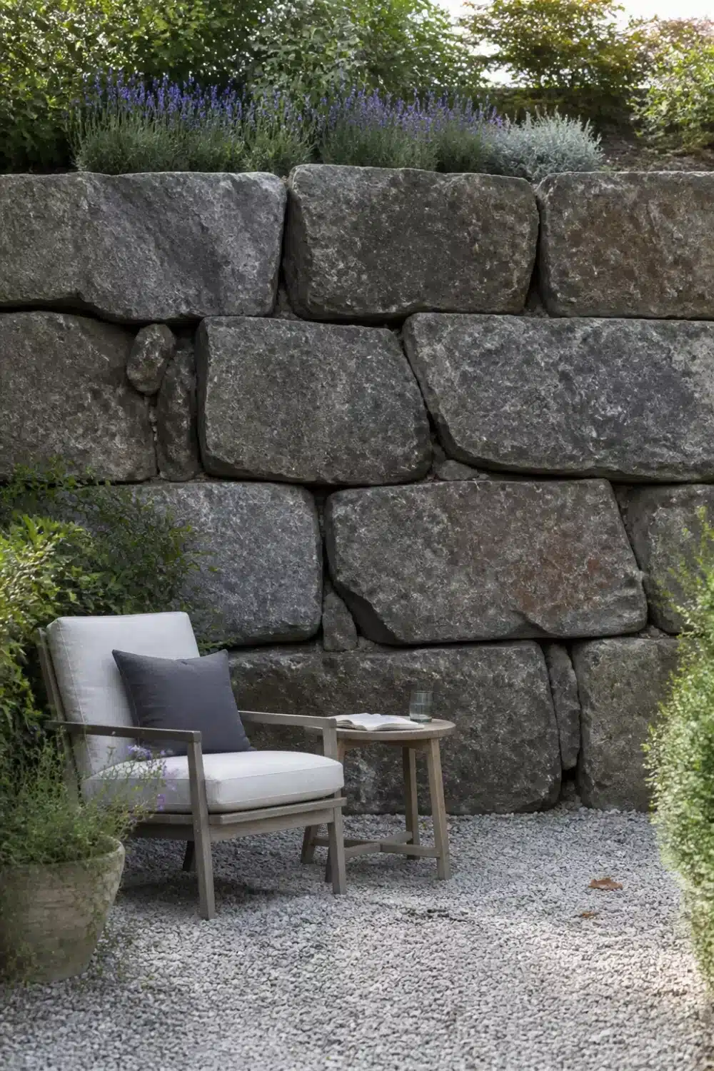 Flat-faced granite boulder retaining wall with gravel seating nook, teak chair, and lavender spilling over the top.