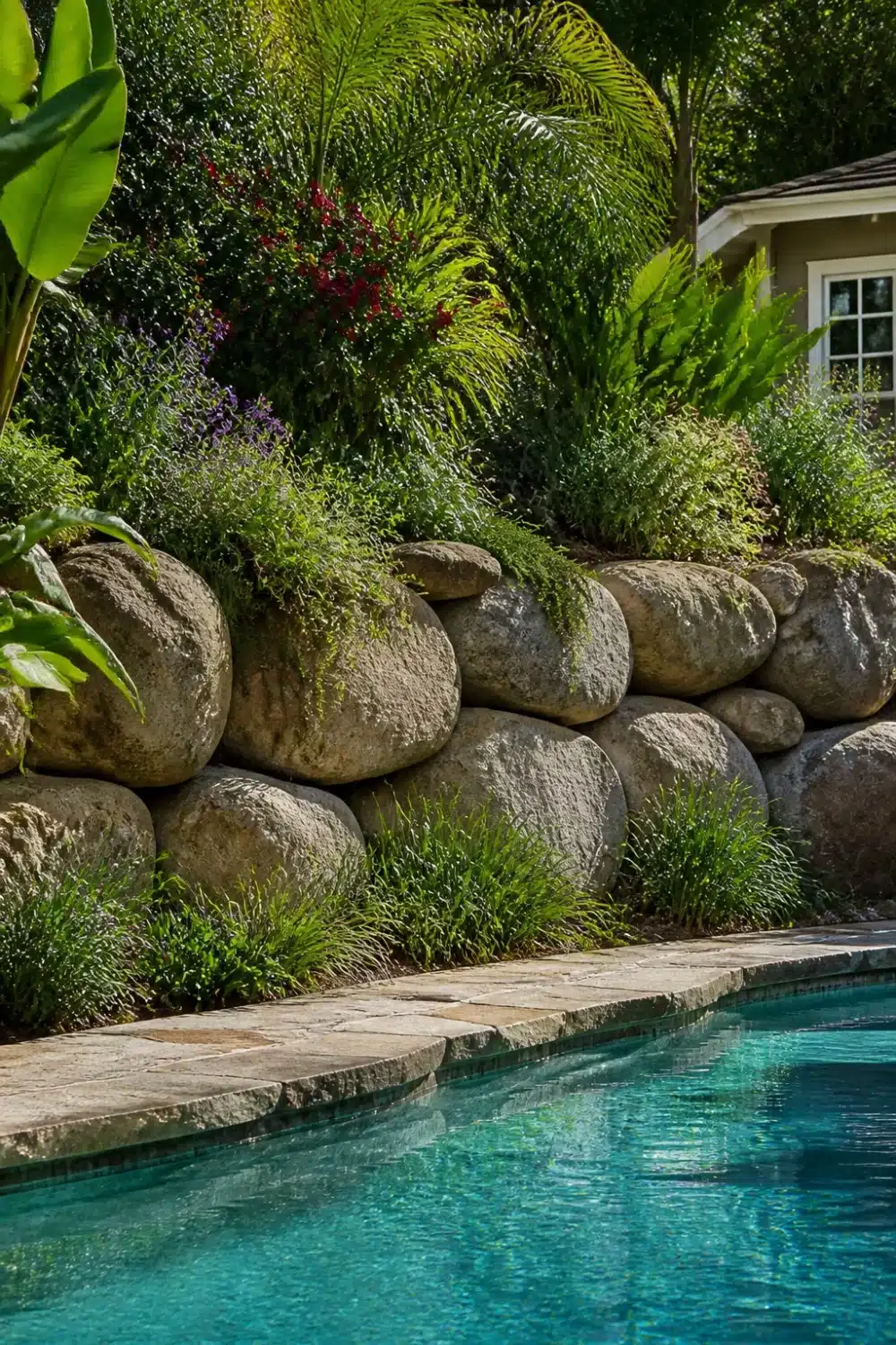Boulder retaining wall with rounded stones stacked poolside, holding a lush tropical planting terrace above flagstone coping.