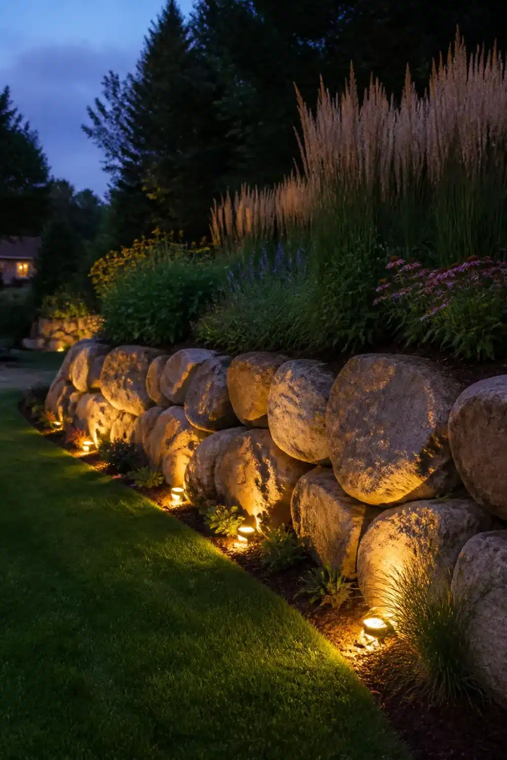 Uplighted boulder retaining wall glowing at dusk with ornamental grasses and perennials behind it