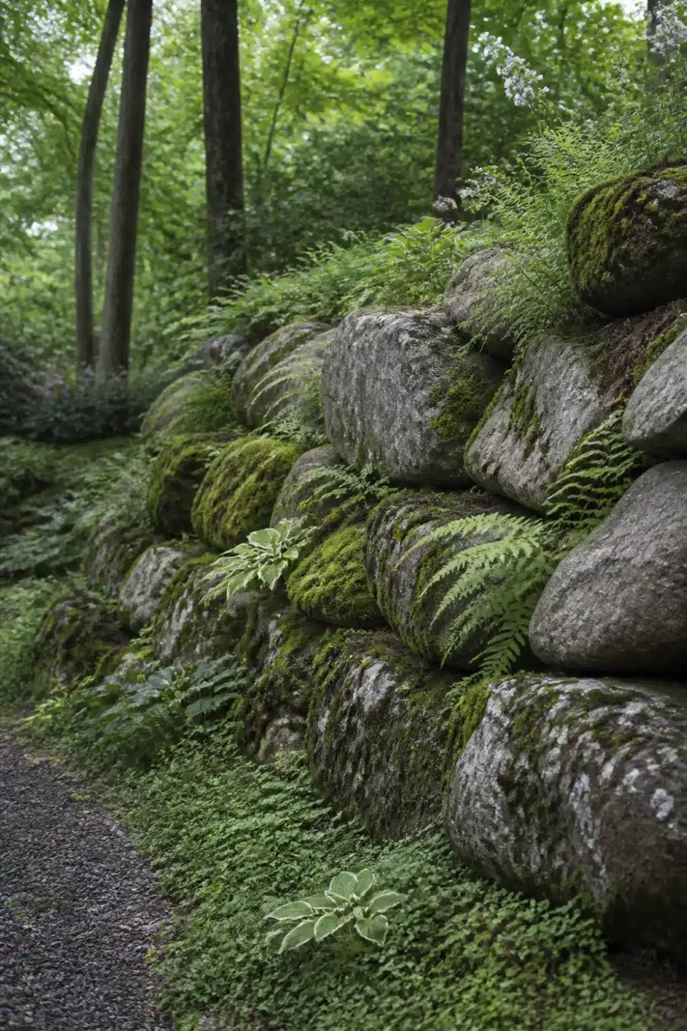 Moss-covered limestone boulder retaining wall with ferns in a shaded woodland garden landscape