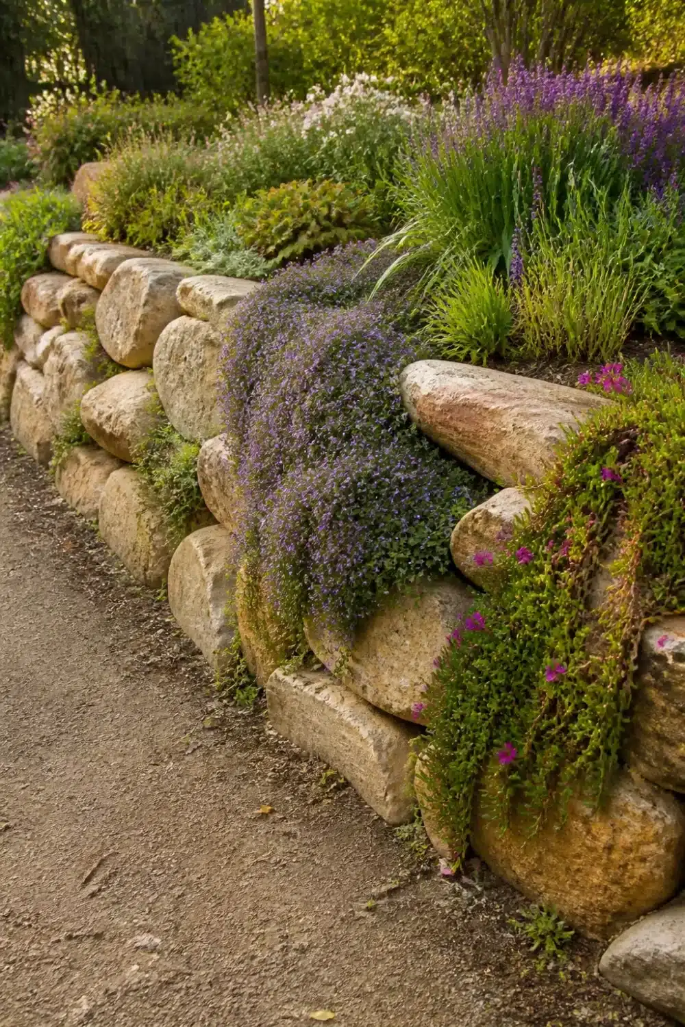 Sandstone boulder retaining wall with cascading purple creeping thyme and trailing groundcover plants in a garden landscape.