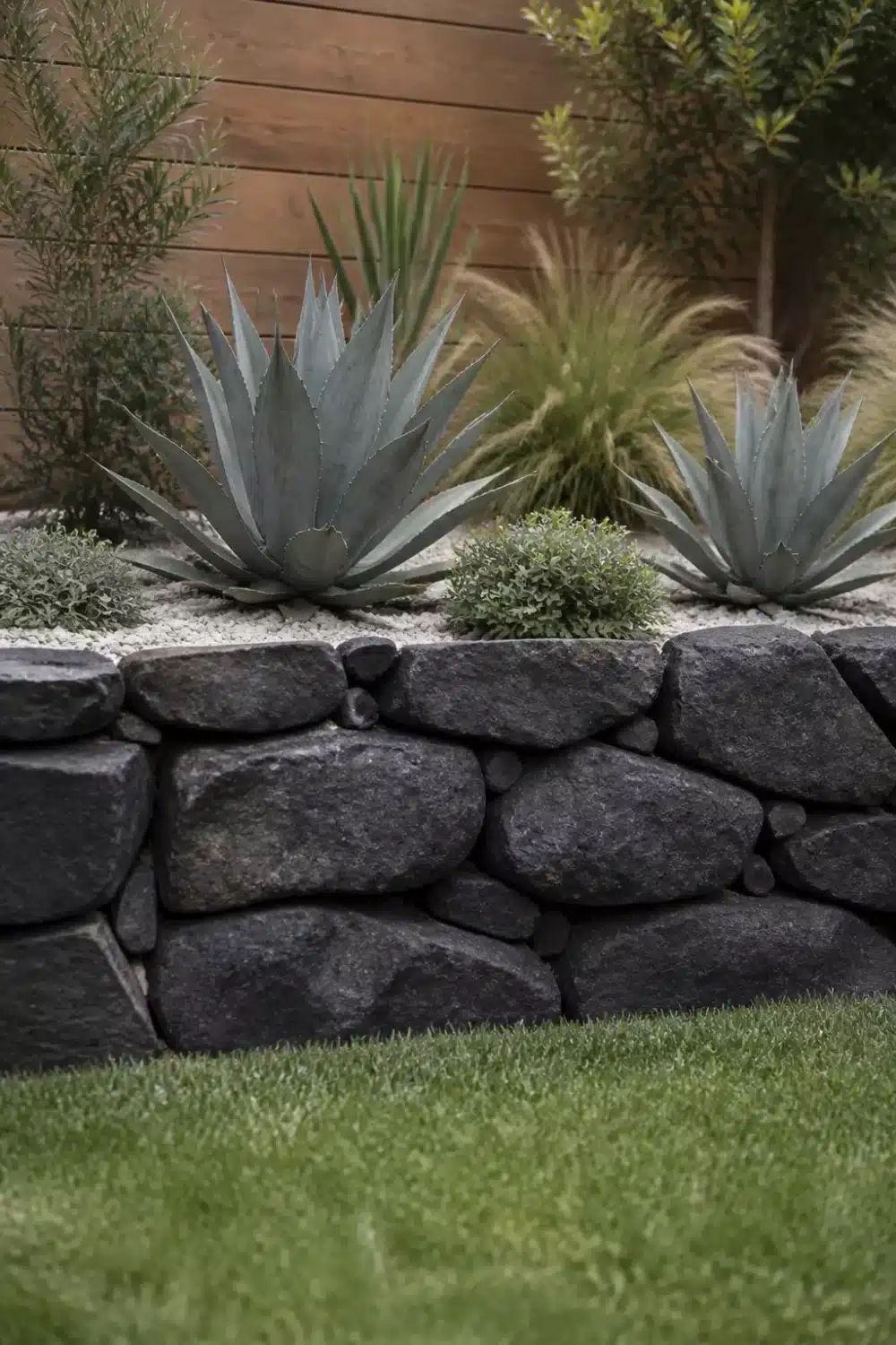 Dark basalt boulder retaining wall with blue agave and white gravel planting bed in a modern backyard