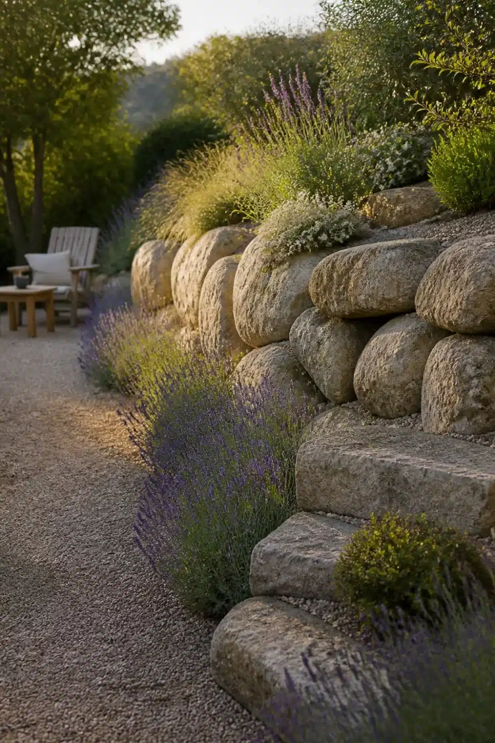 Rounded boulder retaining wall lining a gravel garden path with lavender and ornamental planting on the upper terrace.