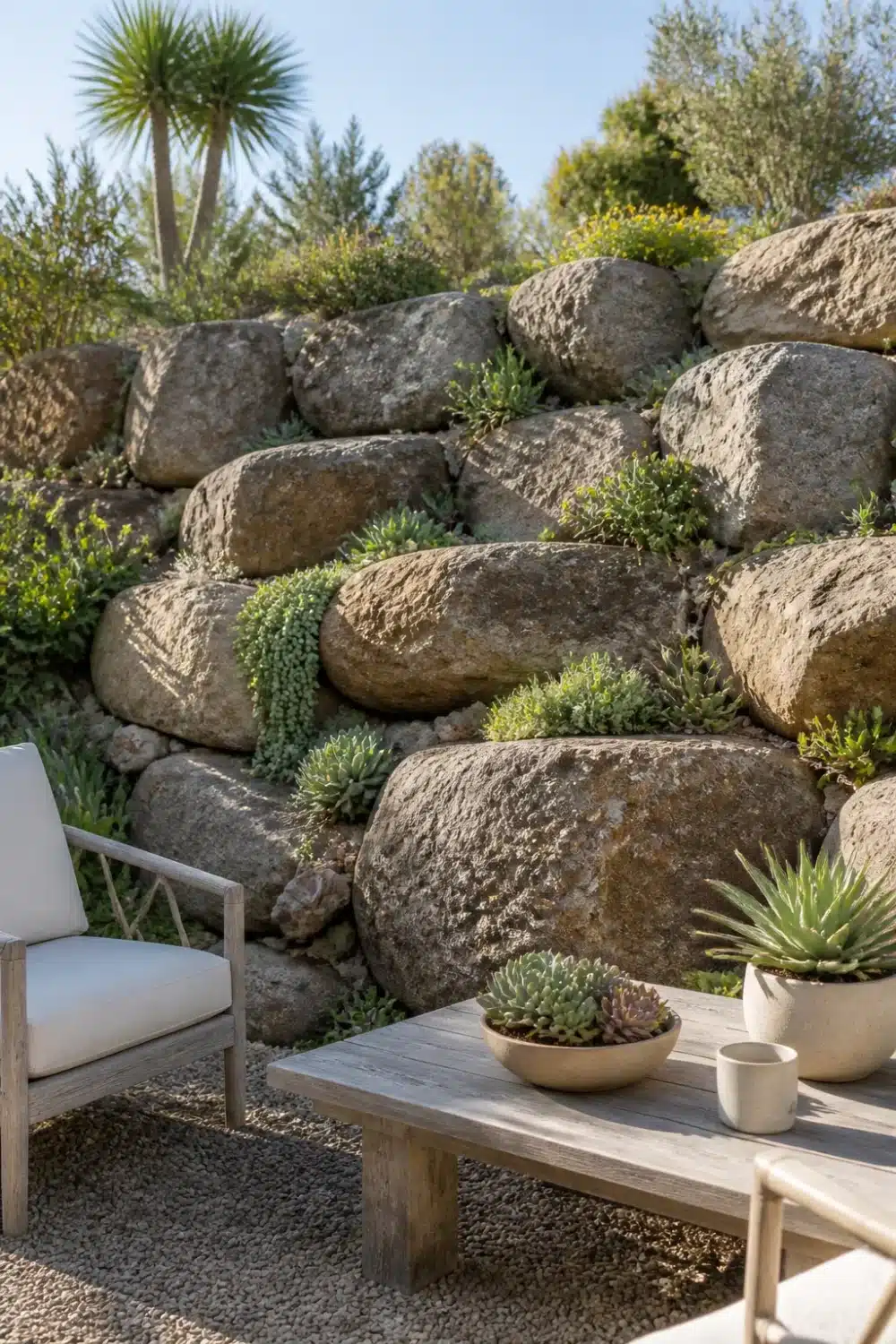 Boulder retaining wall with succulents tucked into gaps between large weathered boulders in a garden seating area.