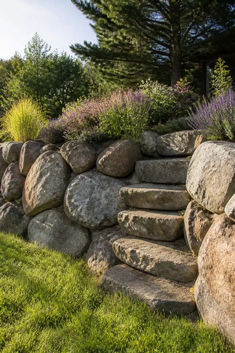 Boulder retaining wall with flat stone steps built into rounded boulders, topped with purple salvia and ornamental grasses.
