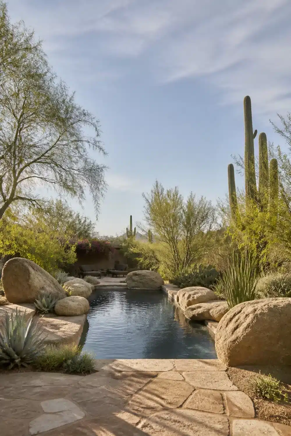 Dark plunge pool edged by granite boulders with saguaro cactus in a desert oasis backyard in Arizona