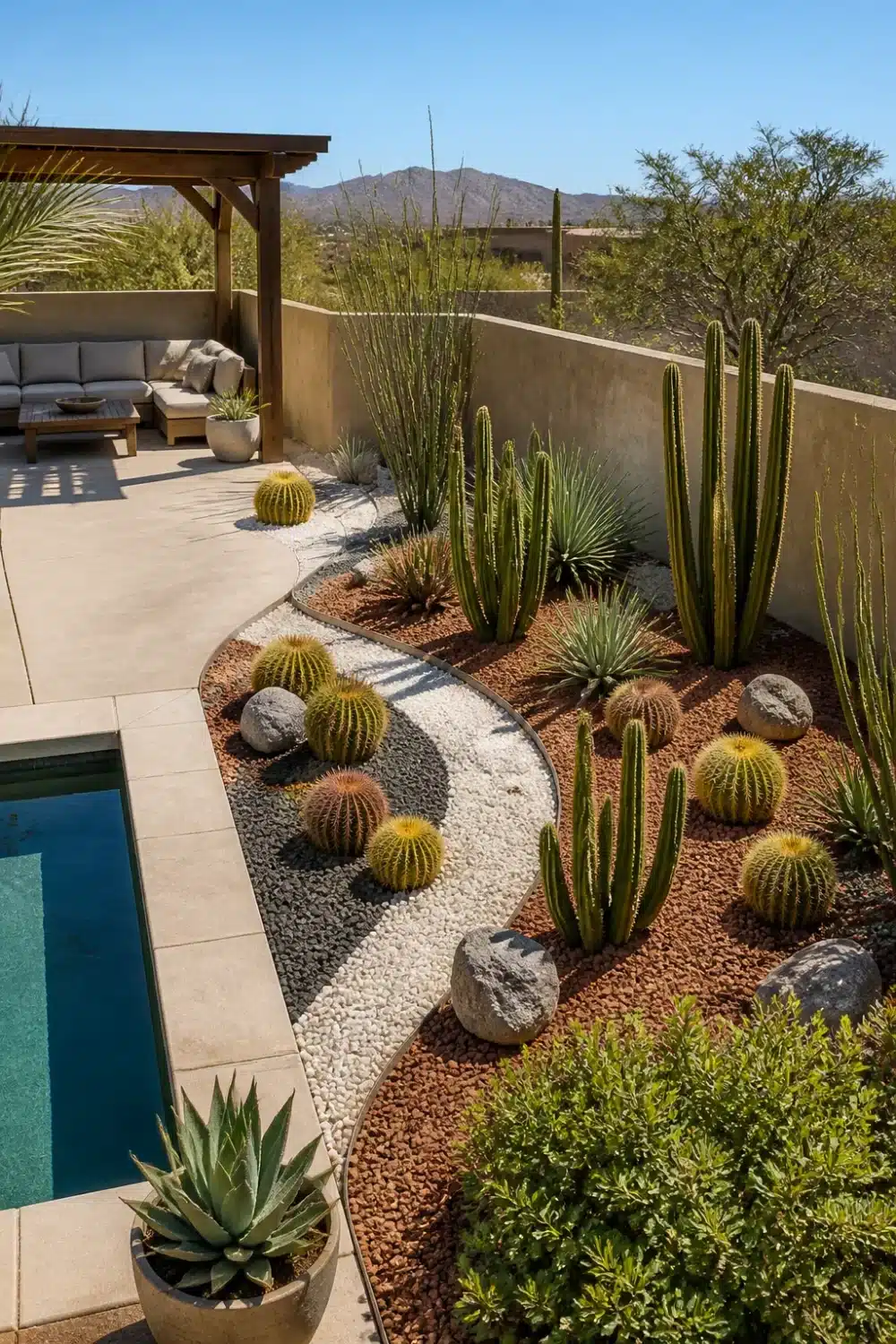 Desert oasis backyard with golden barrel cactus, white pebble swirl, and red gravel planting bed beside a pool