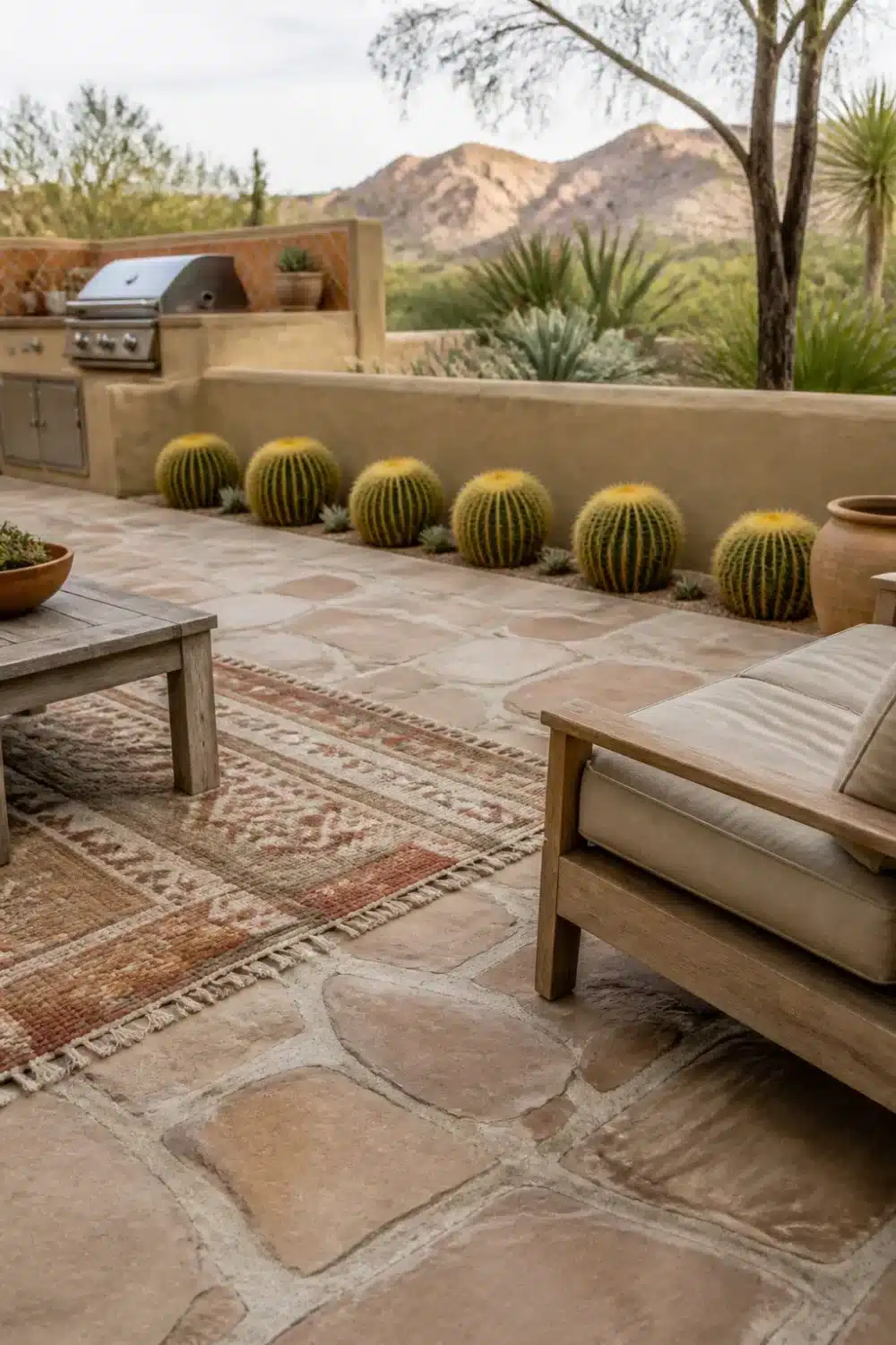 Adobe outdoor kitchen and barrel cactus row in a desert oasis backyard with flagstone patio and teak seating