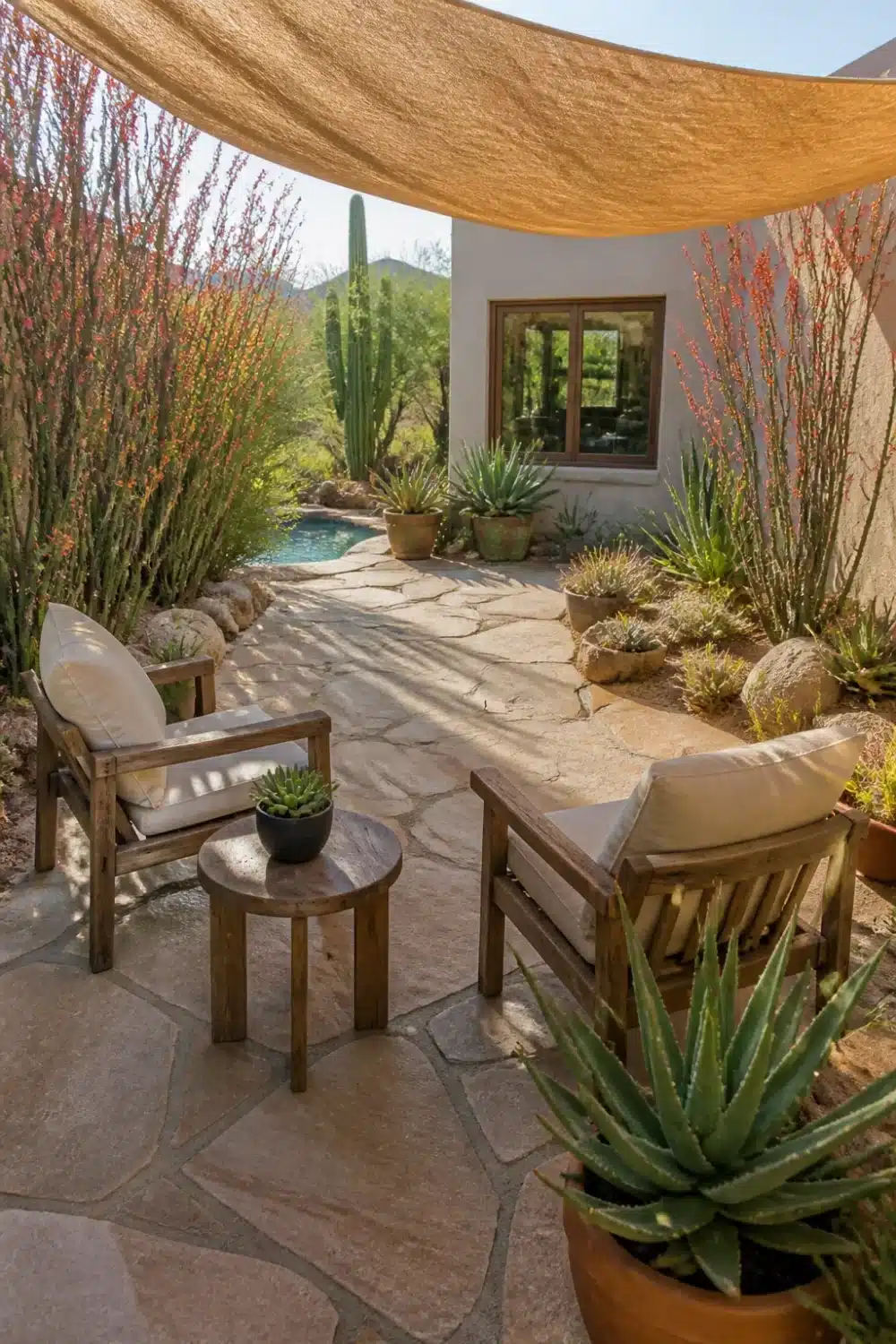 Desert oasis backyard flagstone seating terrace with shade sail, teak chairs, ocotillo, and succulents in Arizona