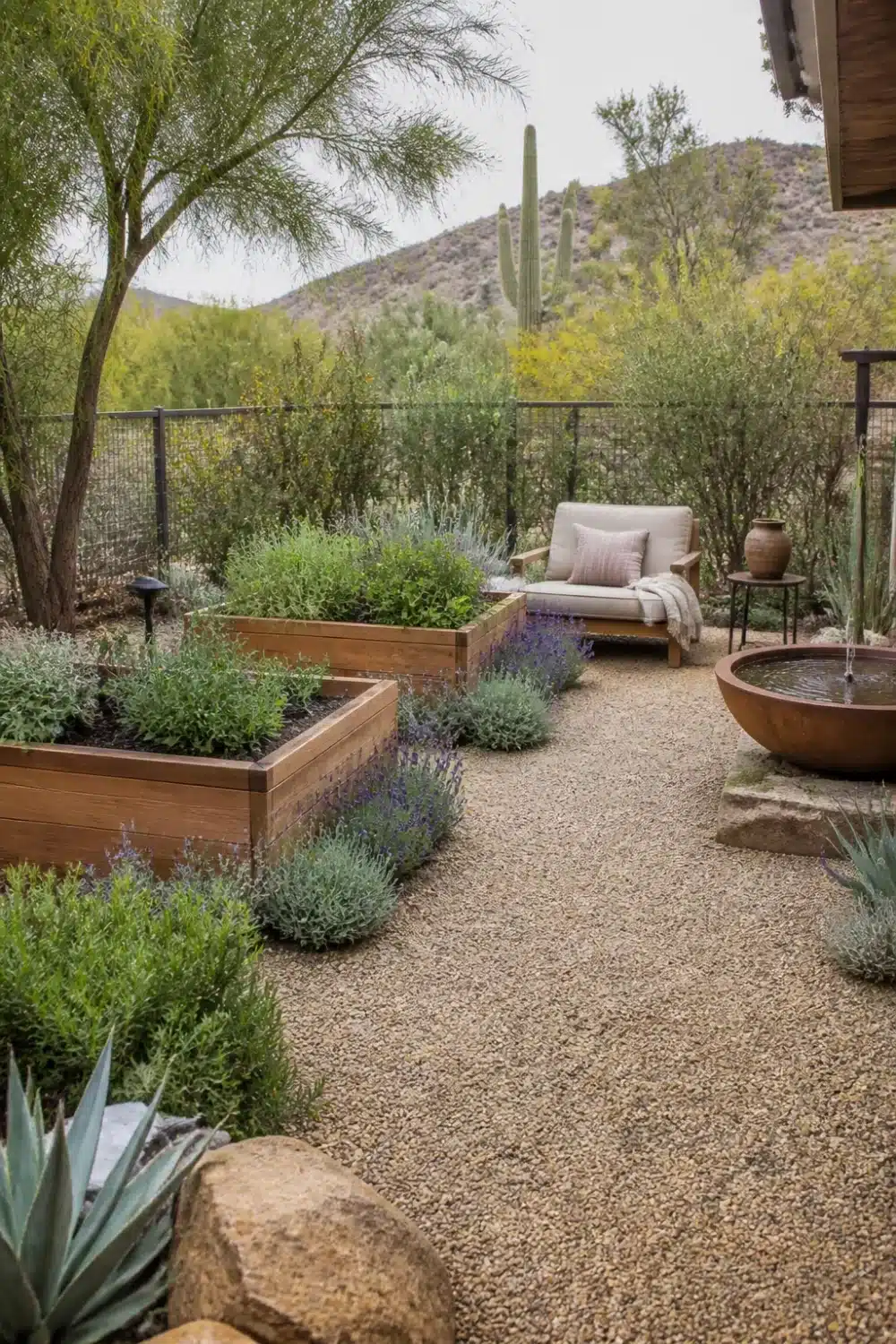 Cedar raised herb garden beds with lavender and gravel courtyard in a desert oasis backyard, Arizona style.