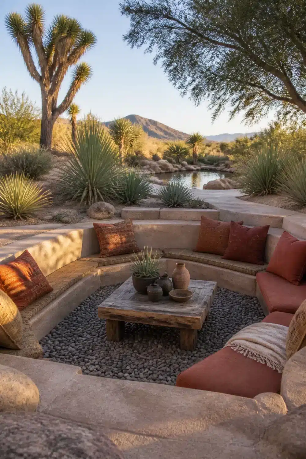 Sunken lounge with curved concrete bench, river rock floor, and yucca plants in a desert oasis backyard