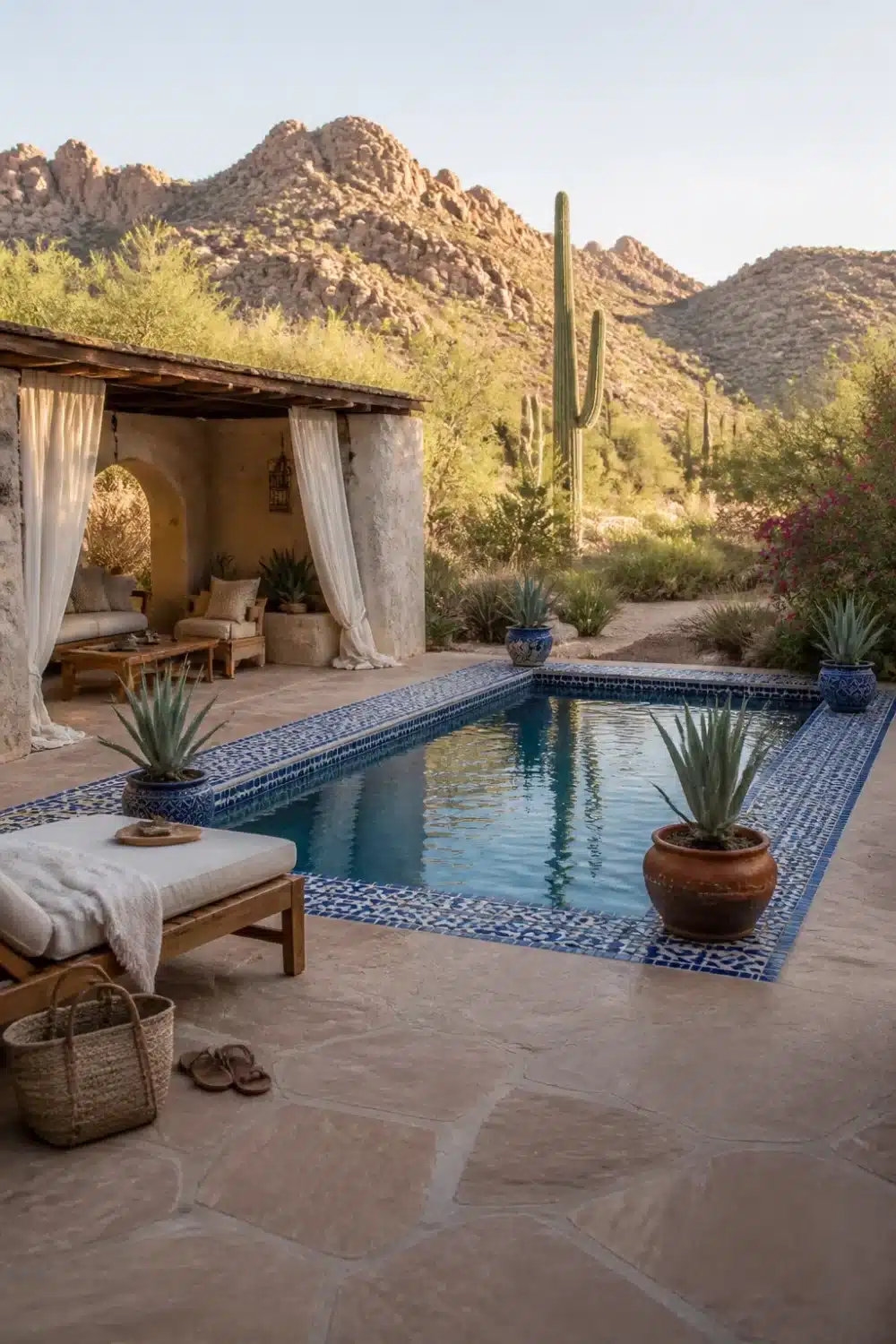 Desert oasis backyard with Moroccan blue tile pool, stucco cabana, saguaro cactus, and mountain views