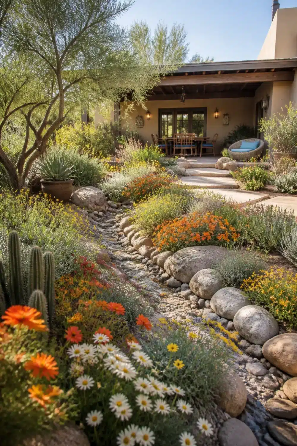 Desert oasis backyard with dry creek bed lined with river rocks and native wildflowers beside an adobe patio