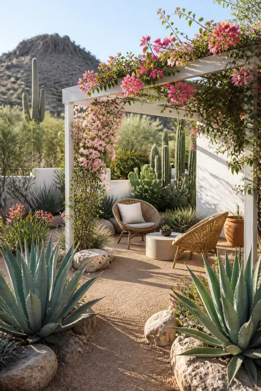 White pergola with pink bougainvillea in a desert oasis backyard with agave, cacti, and rattan seating