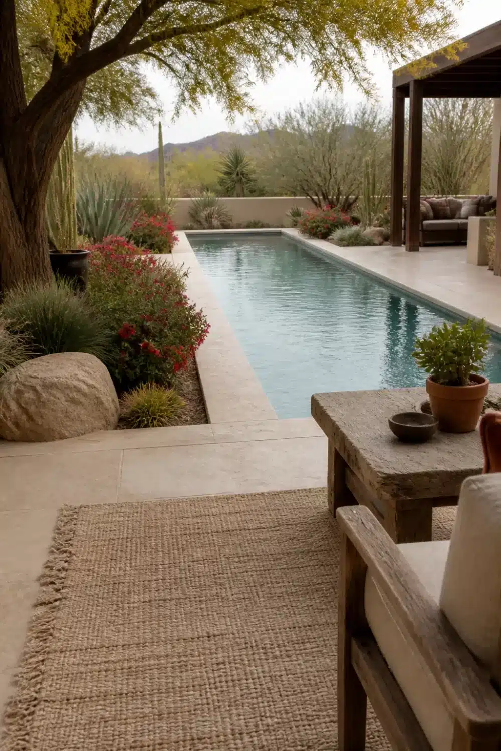 Desert oasis backyard with a lap pool, Palo Verde canopy, red flowering shrubs, and mountain views in Arizona