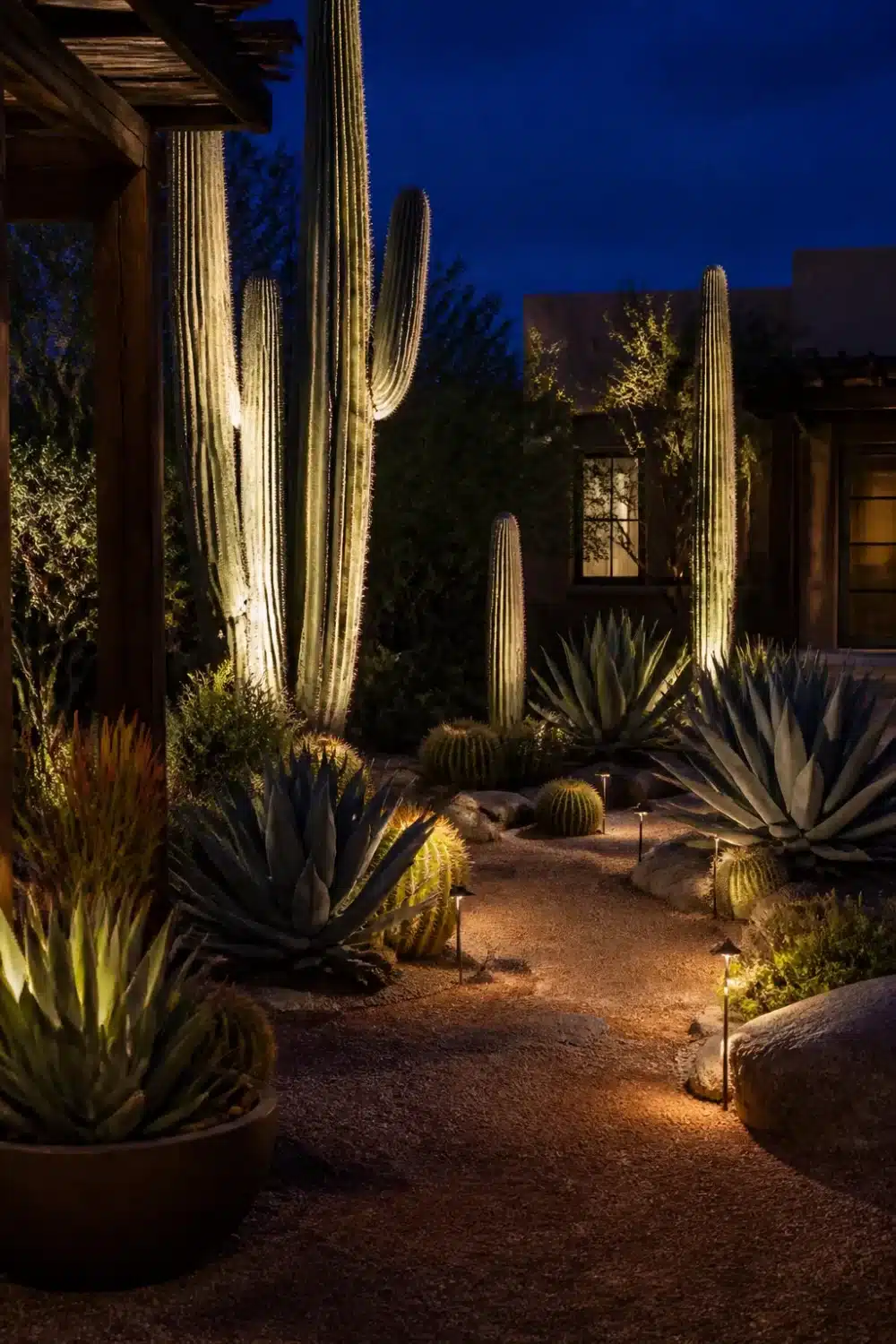Desert oasis backyard at night with uplighted saguaro cacti, agave plants, and a gravel garden path