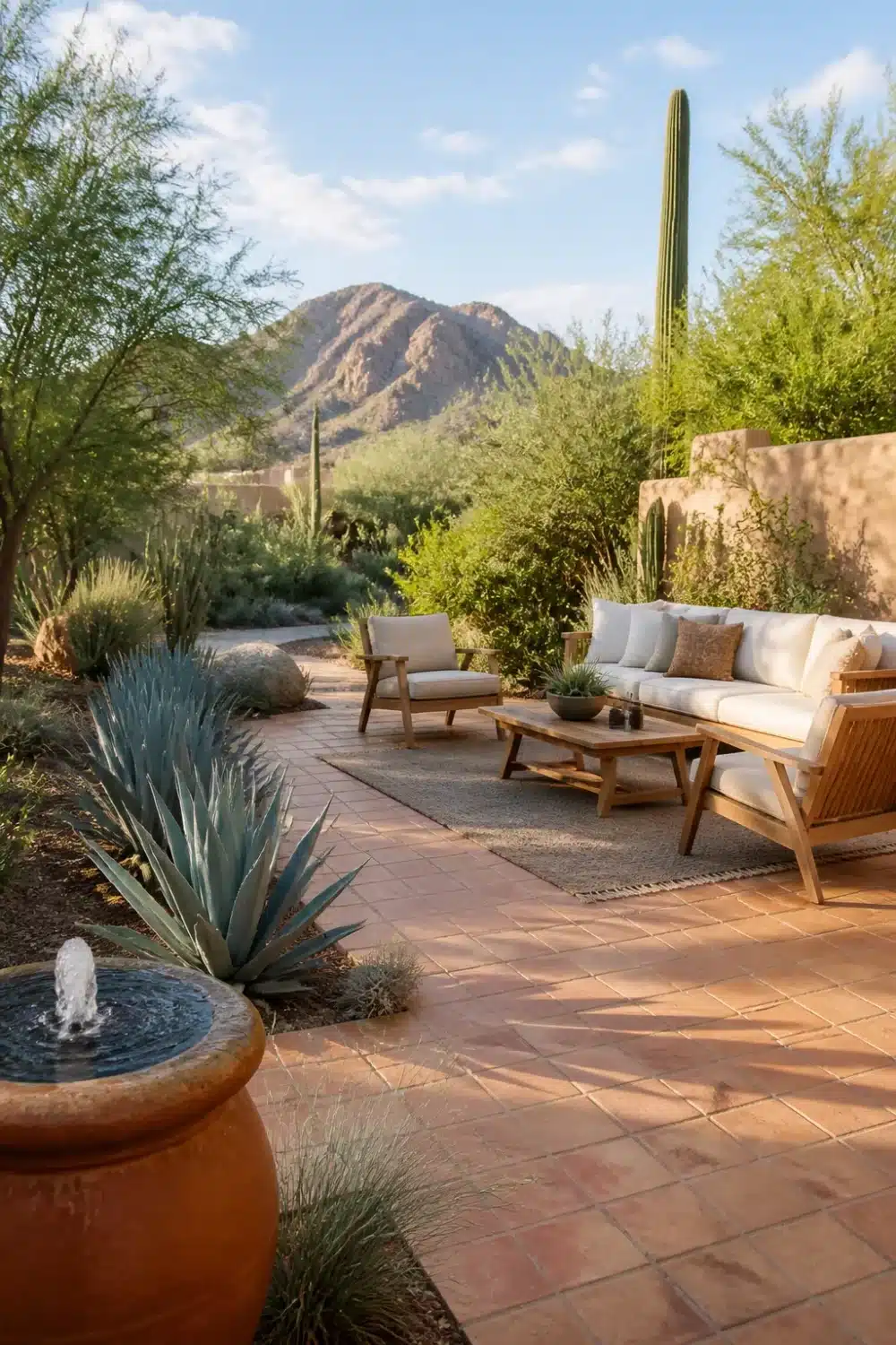 Desert oasis backyard with terracotta tile patio, blue agave border, teak seating, and mountain views