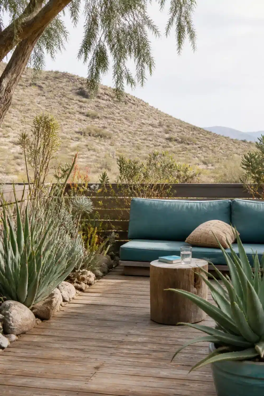 Rustic wood deck with teal sofa and aloe border in a desert oasis backyard with mountain views