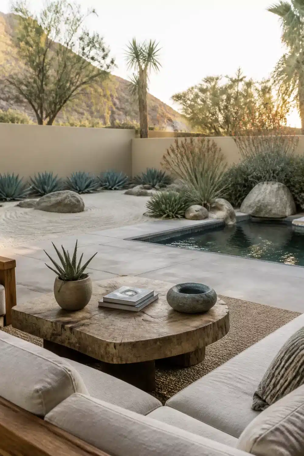 Desert oasis backyard with live-edge wood table, swirled sand courtyard, boulders, and a narrow pool