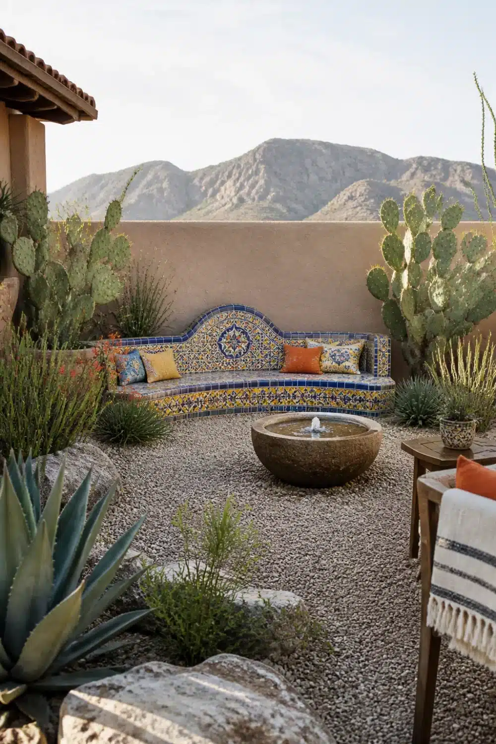 Desert oasis backyard with Talavera tile bench, gravel floor, prickly pear cactus, and stone bowl fountain