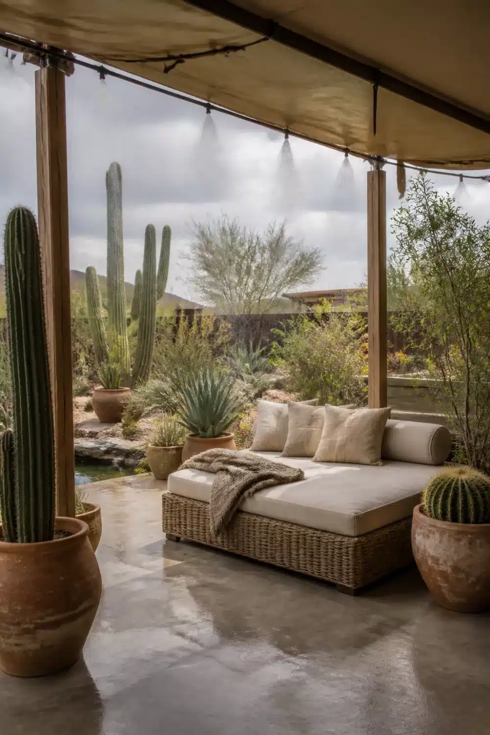 Canvas canopy misting lounge in a desert oasis backyard with wicker daybed and potted saguaro cacti