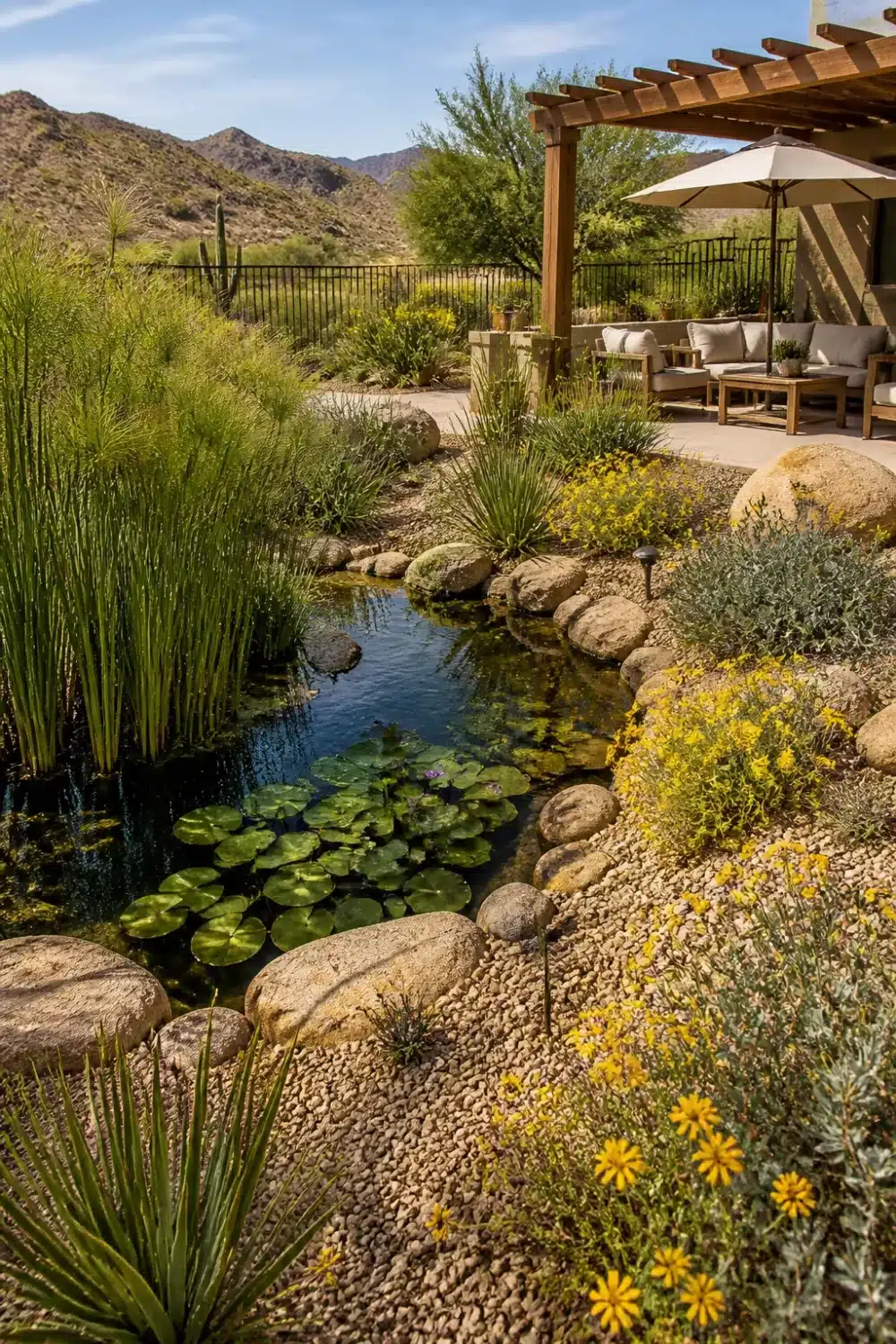 Desert oasis backyard with a naturalistic water lily pond, boulder edging, and yellow desert blooms in Arizona