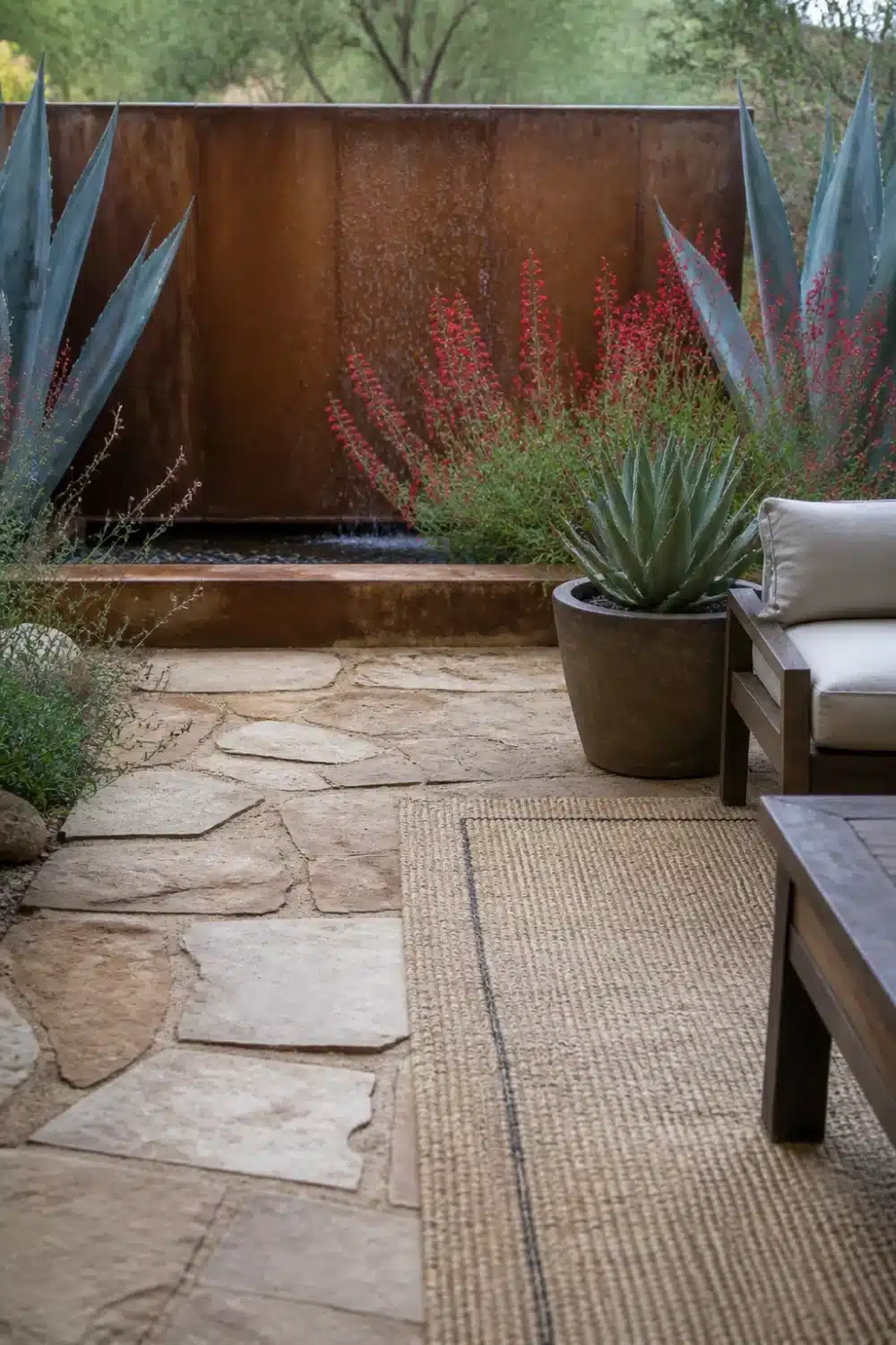 Corten steel drip wall water feature with flagstone paving in a desert oasis backyard with agave and red salvia