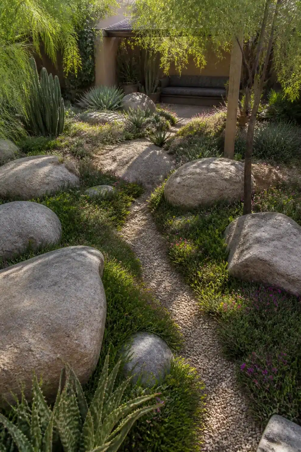 Desert oasis backyard with rounded granite boulders, gravel stream path, and creeping groundcover plants
