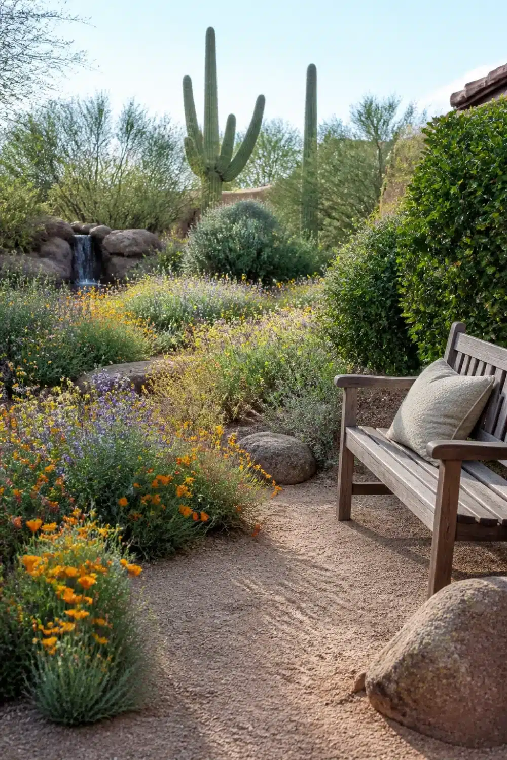 Desert oasis backyard with native wildflowers, decomposed granite, wooden bench, and saguaro cactus backdrop