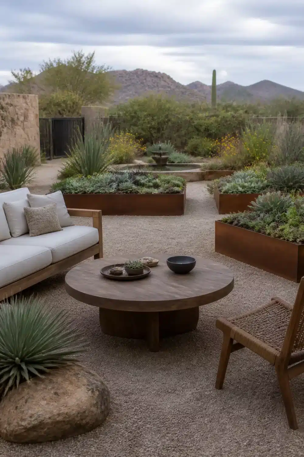Desert oasis backyard with corten steel raised succulent beds, gravel seating area, teak sofa, and mountain views
