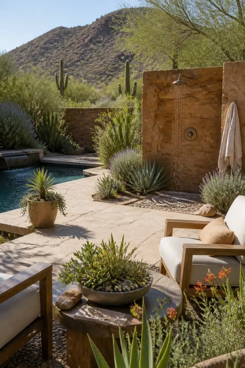 Desert oasis backyard with rammed earth outdoor shower wall, teak lounge chairs, blue agave, and flagstone pool deck