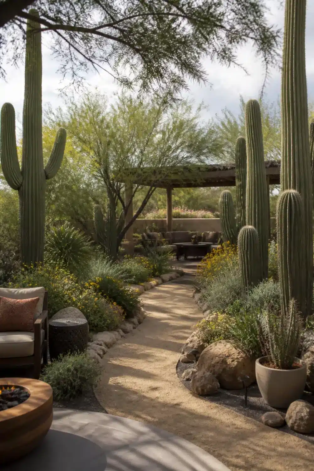 Decomposed granite path lined with tall saguaro cacti in a desert oasis backyard with pergola seating area