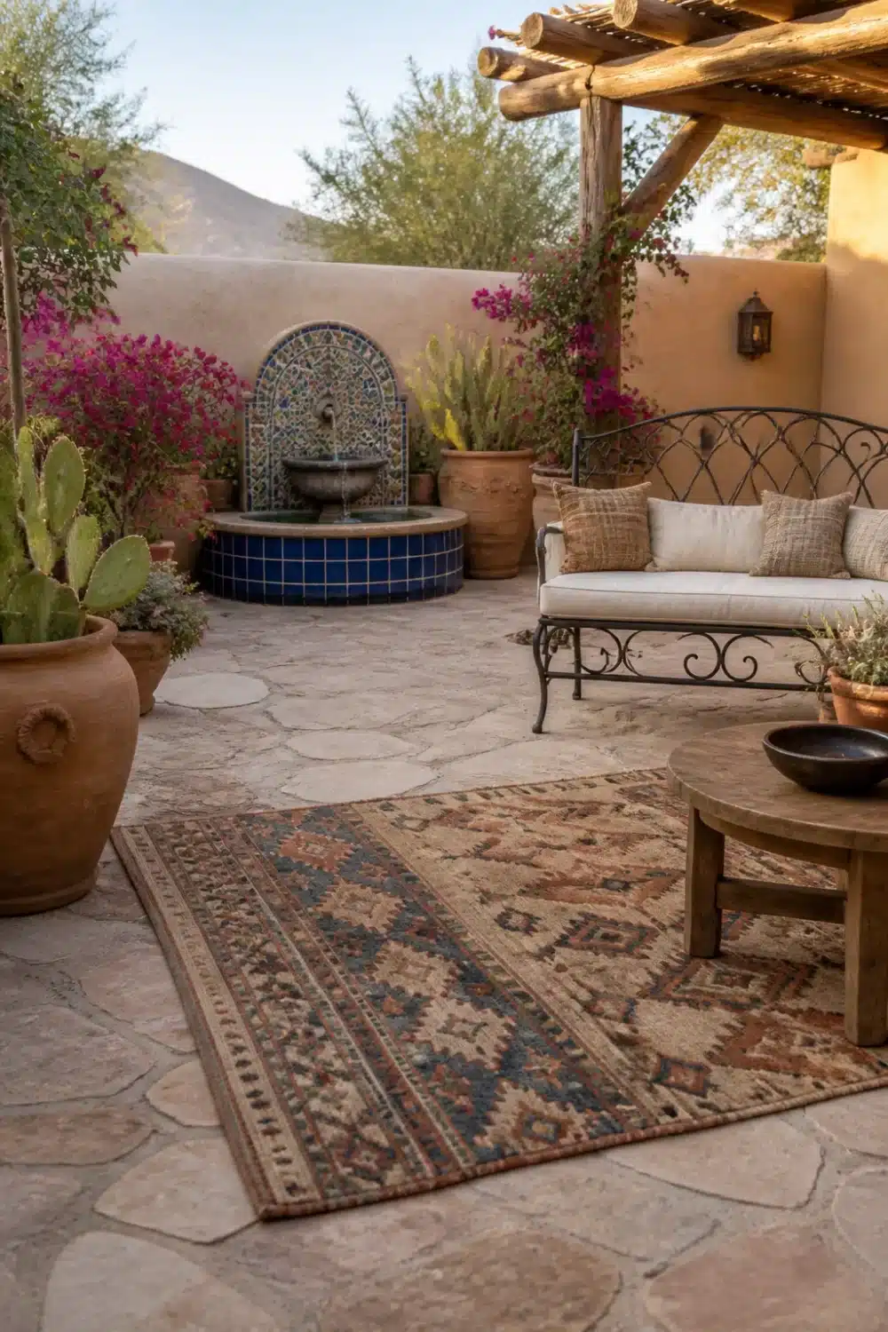 Walled desert oasis backyard courtyard with mosaic tile fountain, wrought iron bench, and bougainvillea adobe walls