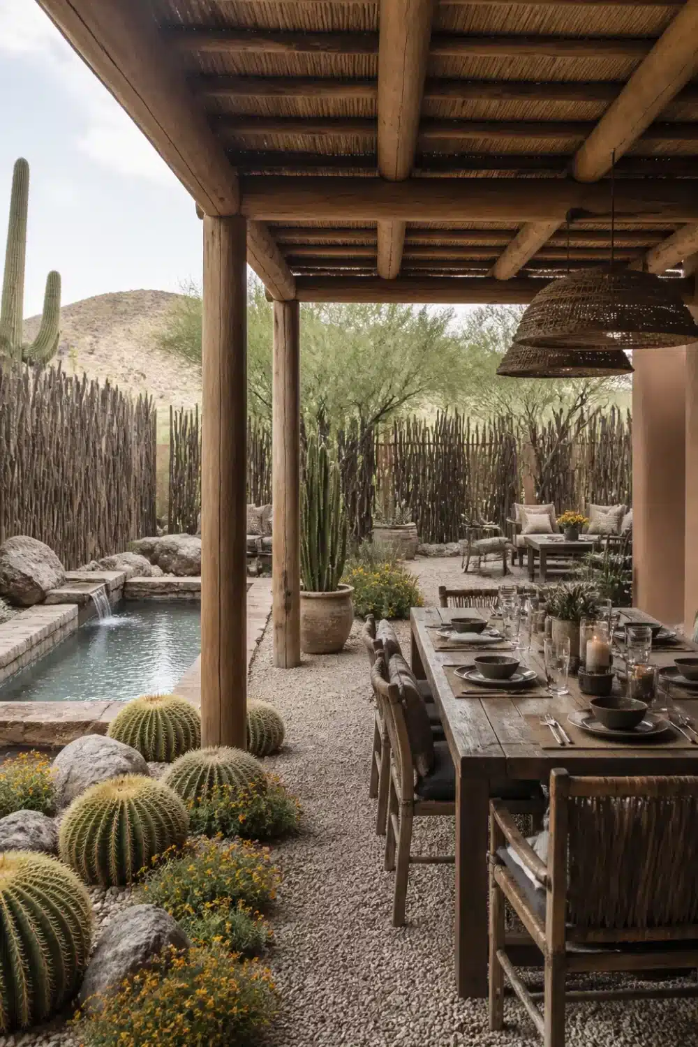 Thatched ramada dining area in a desert oasis backyard with barrel cacti, gravel, and a shallow water feature.