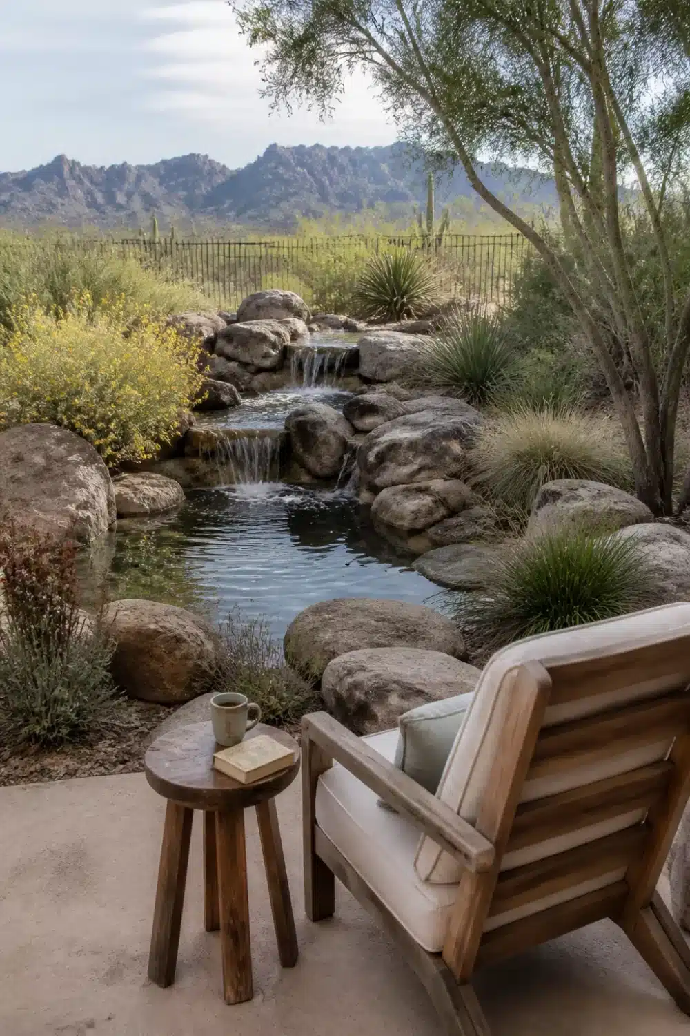 Natural stacked boulder waterfall and reflection pool in a desert oasis backyard with native shrubs and mountain views