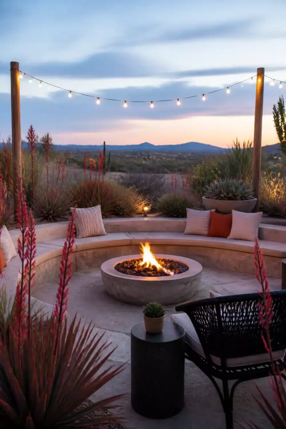 Desert oasis backyard fire pit circle with curved concrete bench, string lights, and desert grasses at dusk