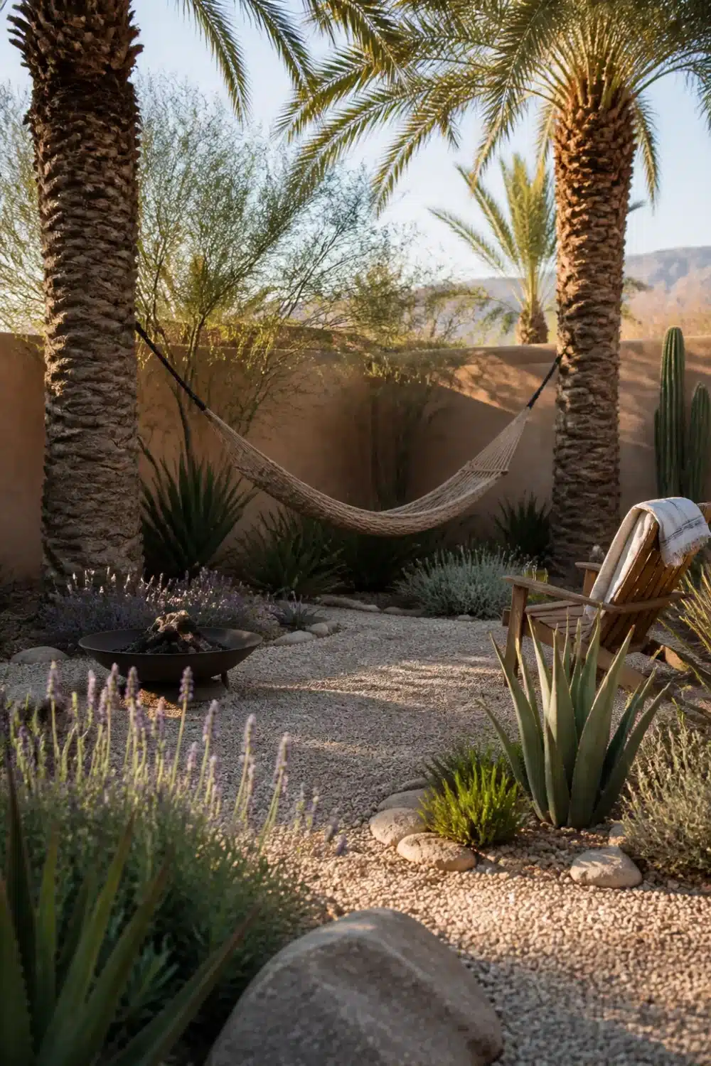 Woven hammock strung between tall palms in a gravel desert oasis backyard with lavender and agave plantings