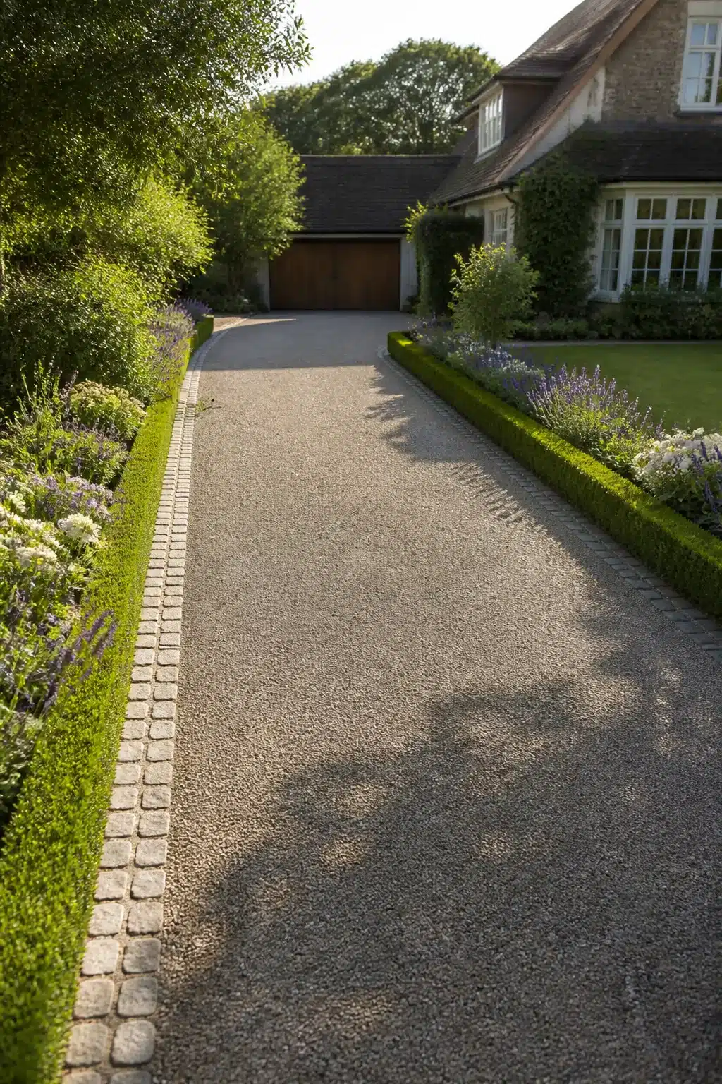 Clipped box hedge and cobble strip driveway border ideas with gravel drive and mixed perennial planting
