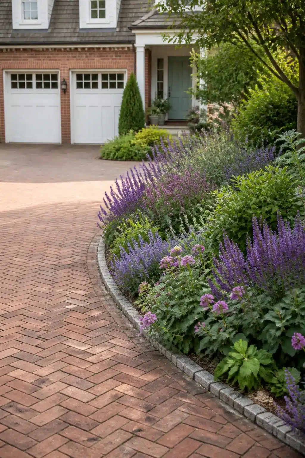 Herringbone brick driveway border ideas with curved granite edging and mixed purple salvia and catmint perennial planting.