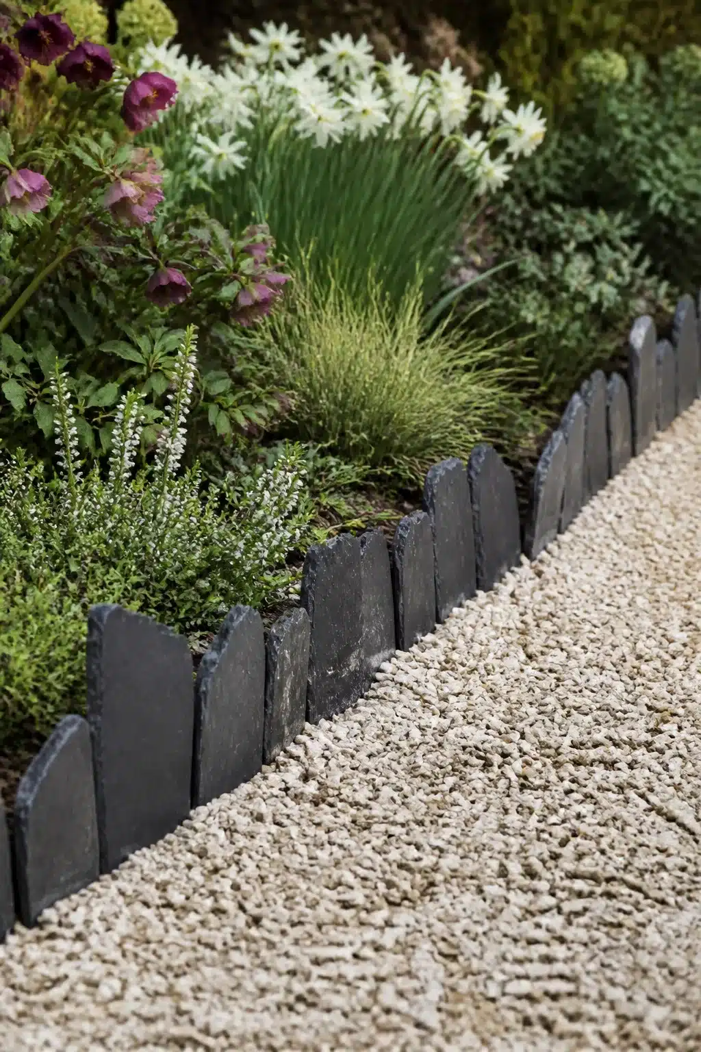 Dark slate upright picket edging along a gravel driveway border with mixed planting — Driveway Border Ideas