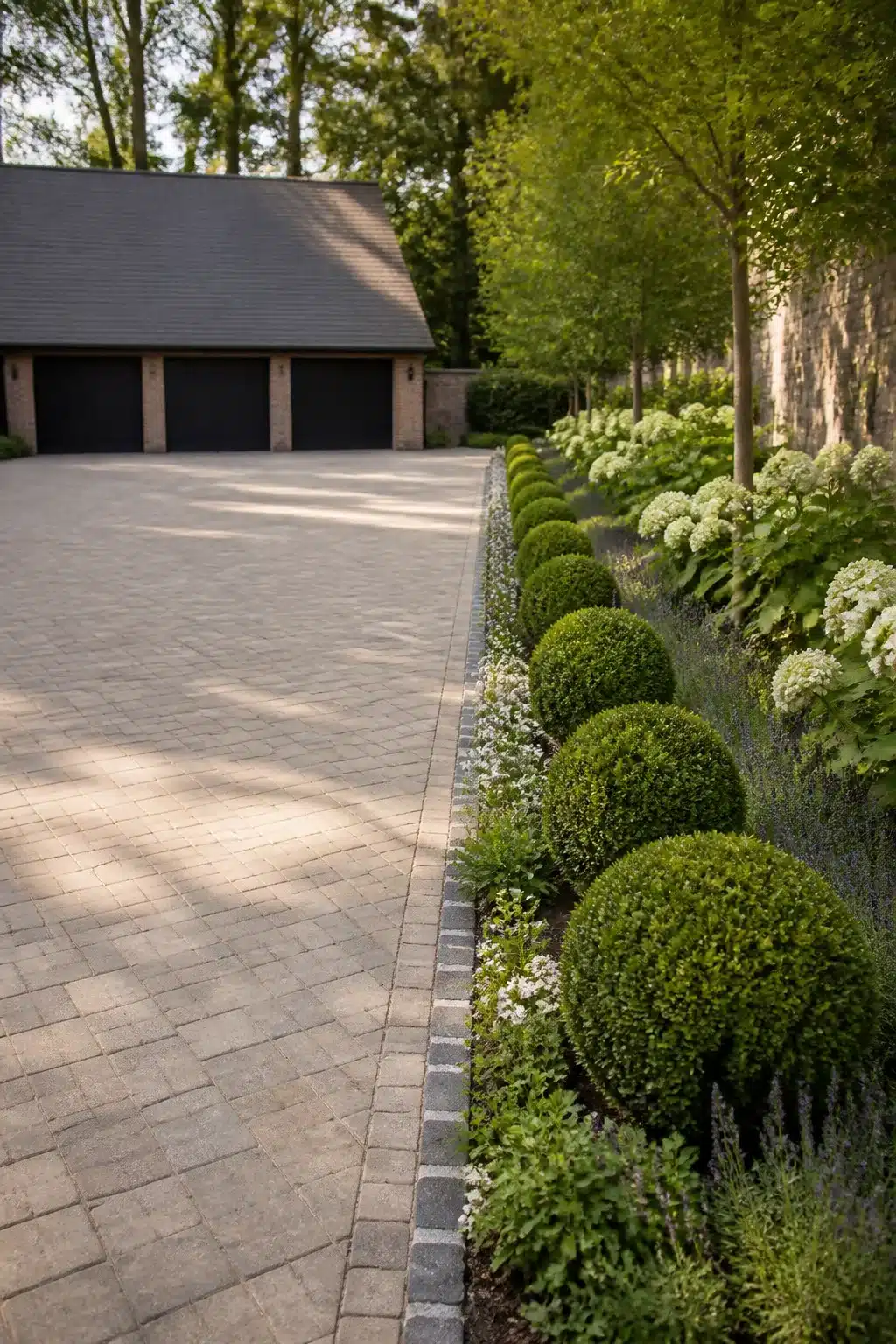 Clipped buxus balls, lavender, and white hydrangeas lining a block-paved driveway — driveway border ideas with cobble edging strip.