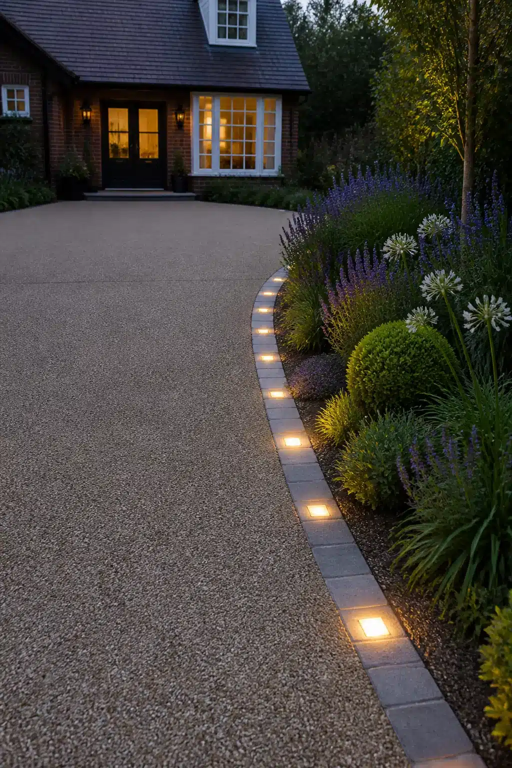 Driveway border ideas with in-ground edging lights, stone setts, and mixed planting along a resin-bound driveway at dusk.