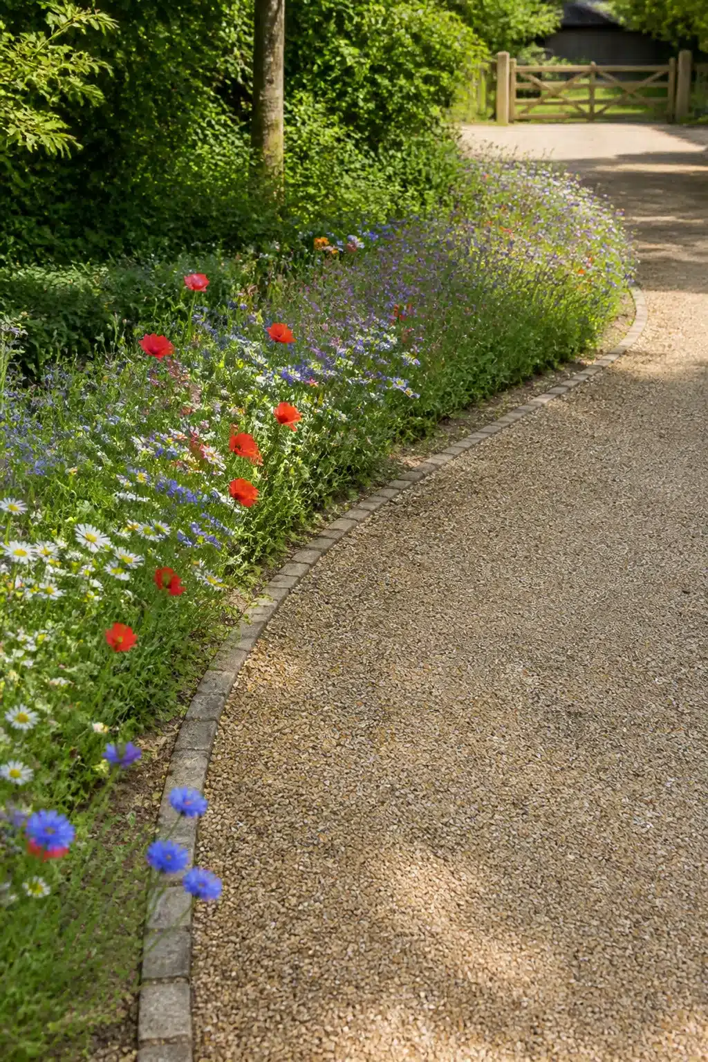 Wildflower driveway border ideas with red poppies, cornflowers, daisies, and cobblestone edging along a gravel drive.