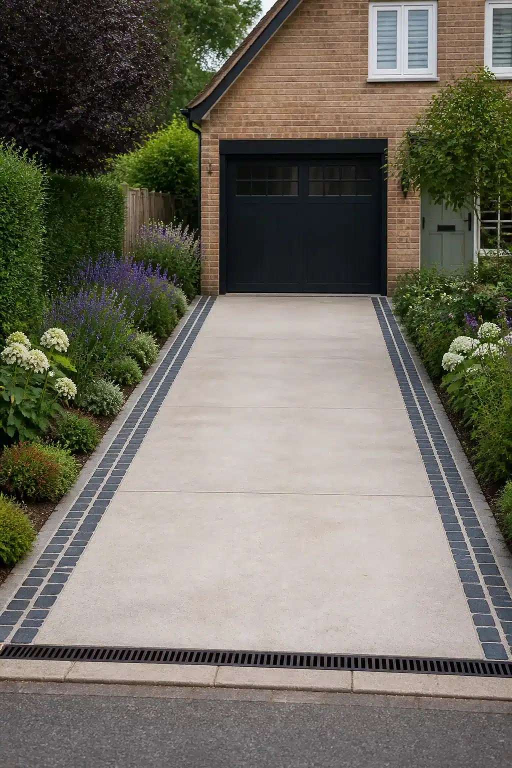 Driveway border ideas with charcoal granite sett contrast strip edging alongside lush mixed planting and pale concrete.