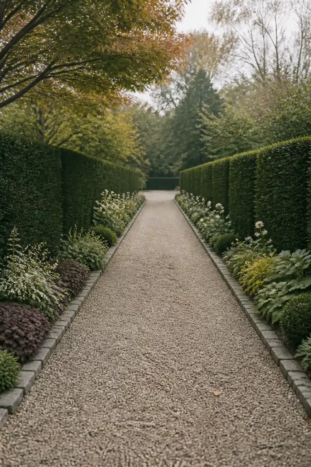 Tall clipped yew hedge driveway border ideas with gravel path, perennial planting strip and granite sett edging