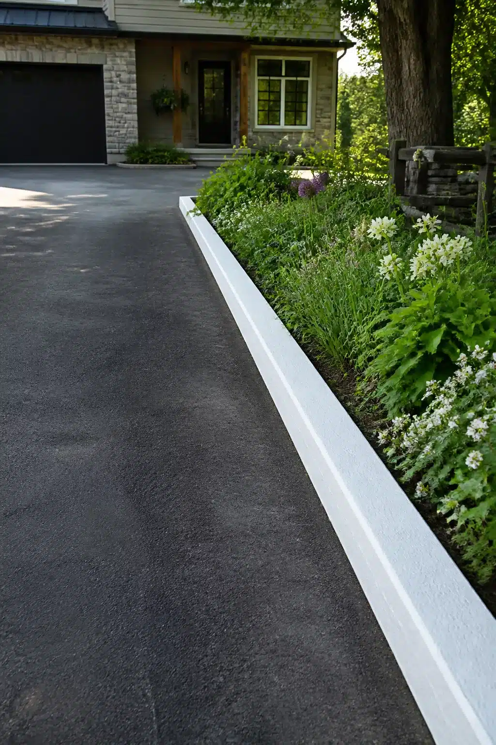 White painted concrete curb driveway border idea with mixed white perennial planting along asphalt edge