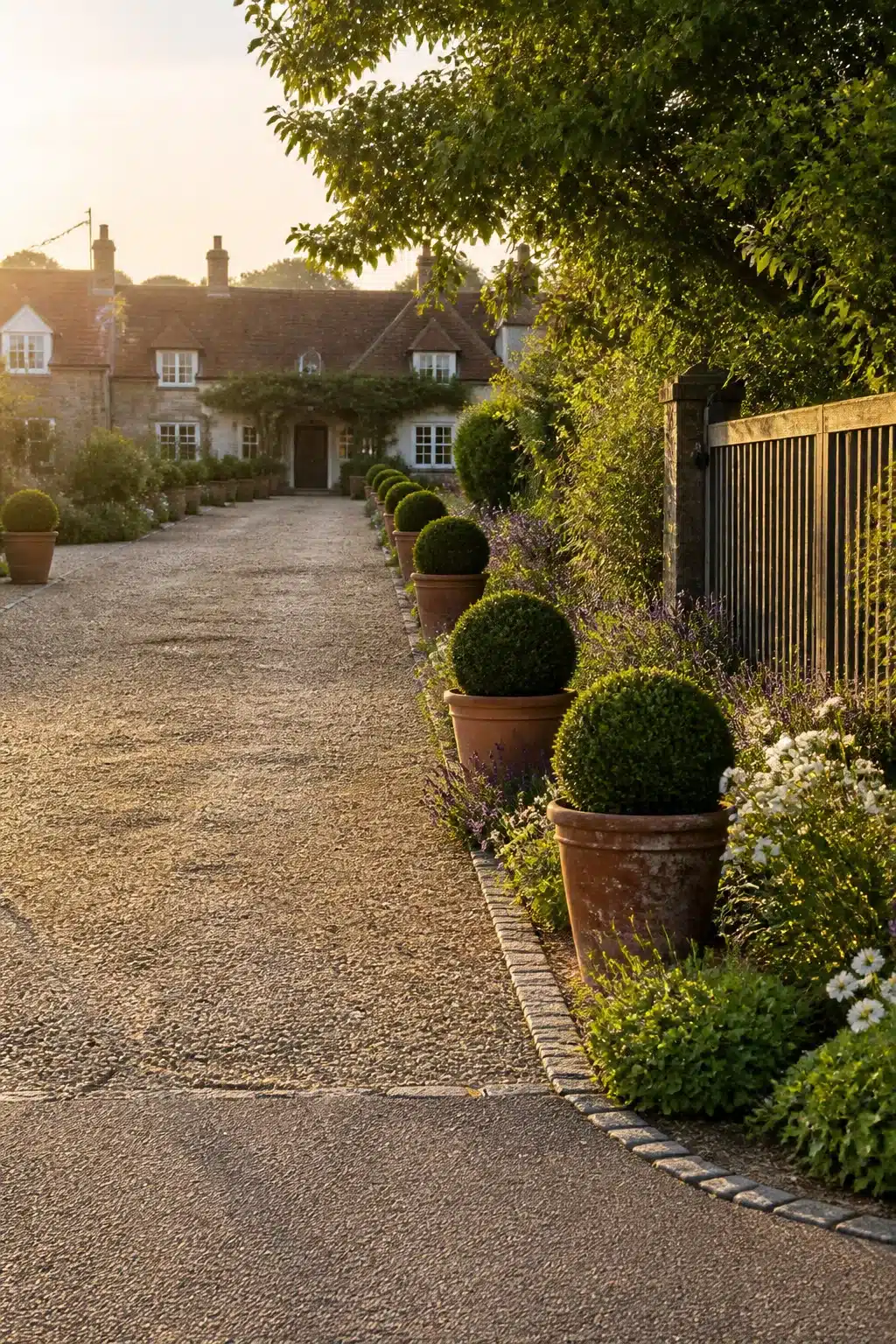 Terracotta pots with clipped box balls lining a gravel driveway — driveway border ideas with classic container edging